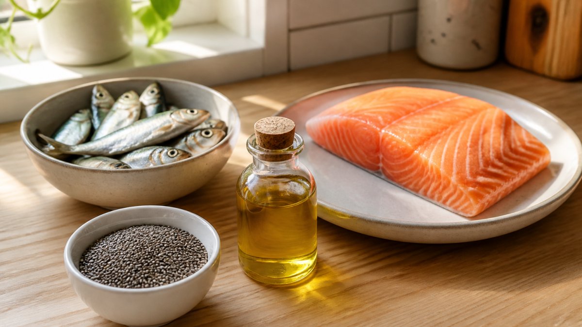Close-up of fresh salmon fillet, sardines in a bowl, chia seeds, and a small glass bottle of fish oil arranged on a light wood kitchen counter with natural morning sunlight
