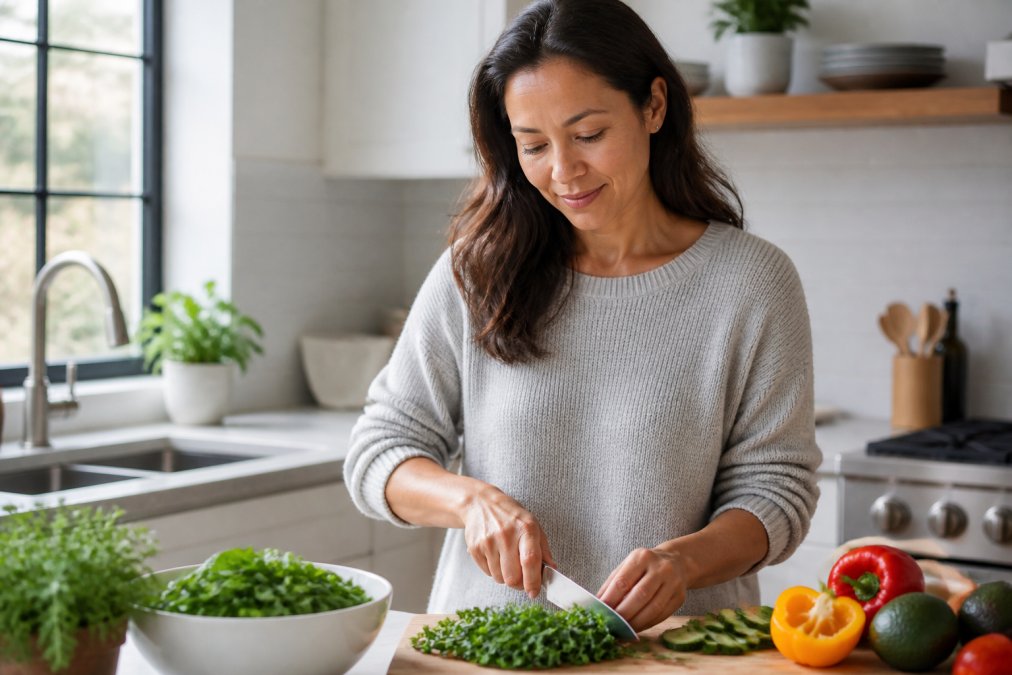 Woman in her 40s preparing fresh vegetables and leafy greens in a bright, modern kitchen with natural sunlight streaming through windows, arranging colorful produce on a cutting board