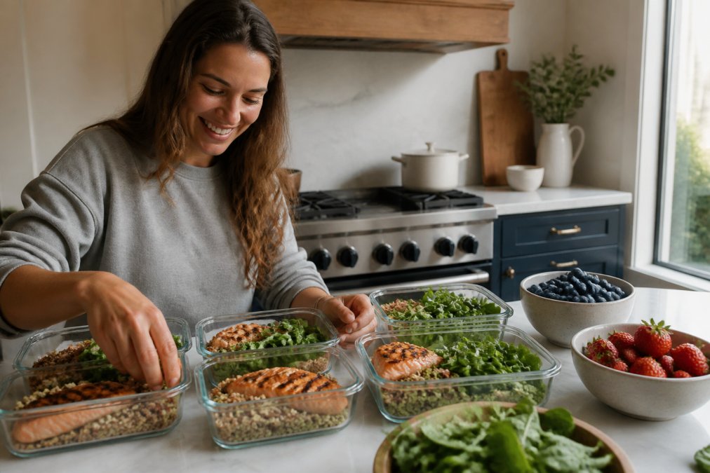 A bright kitchen counter with clear meal prep containers filled with grilled salmon, quinoa, mixed leafy greens, and a bowl of fresh blueberries and strawberries under natural window light