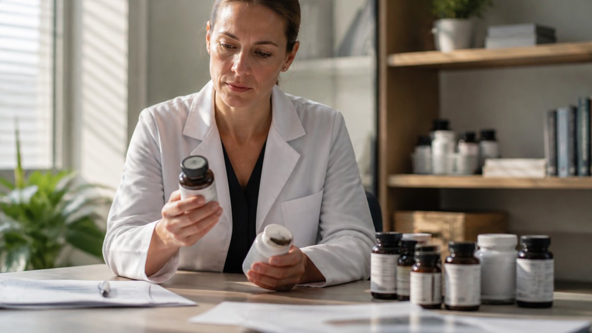 Professional reviewing anti-inflammatory supplement bottles and clinical health documents at a clean desk with morning light, suggesting careful selection and clinical consideration