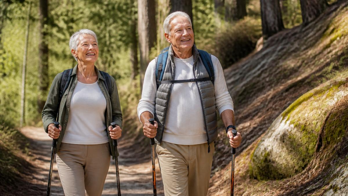 Active senior couple hiking outdoors on a sunny trail, both appearing energetic and healthy, moving with confidence through natural forest setting
