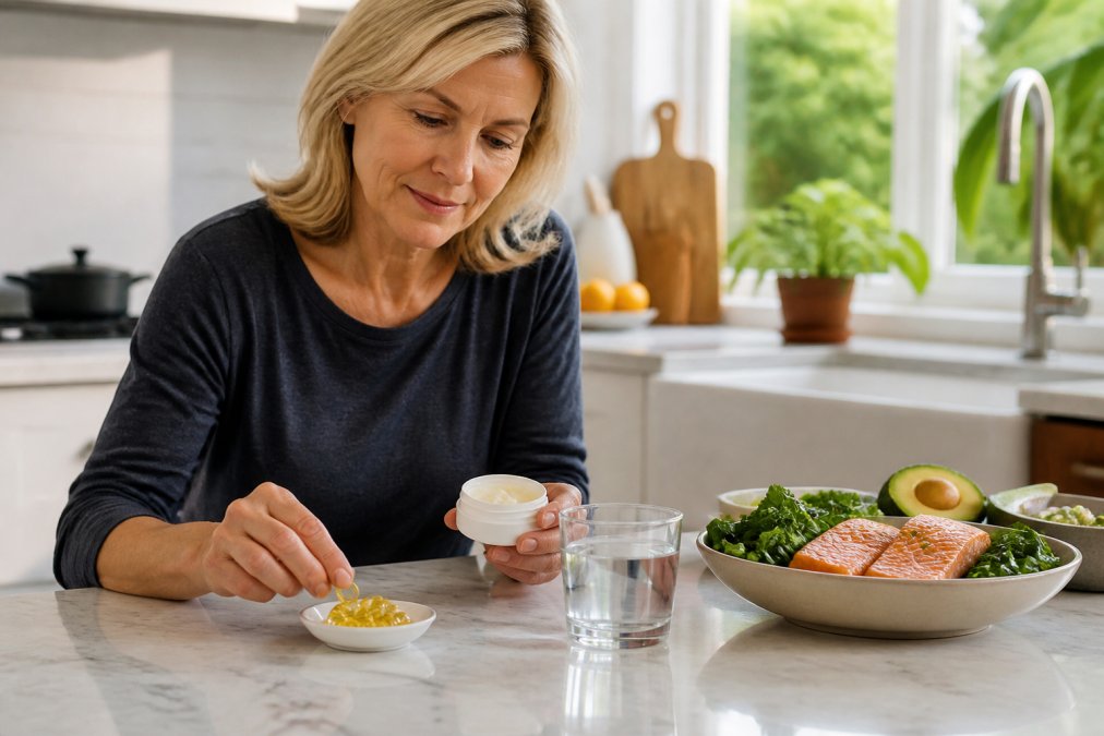 Woman preparing supplements and anti-inflammatory keto diet foods to manage joint inflammation at home.