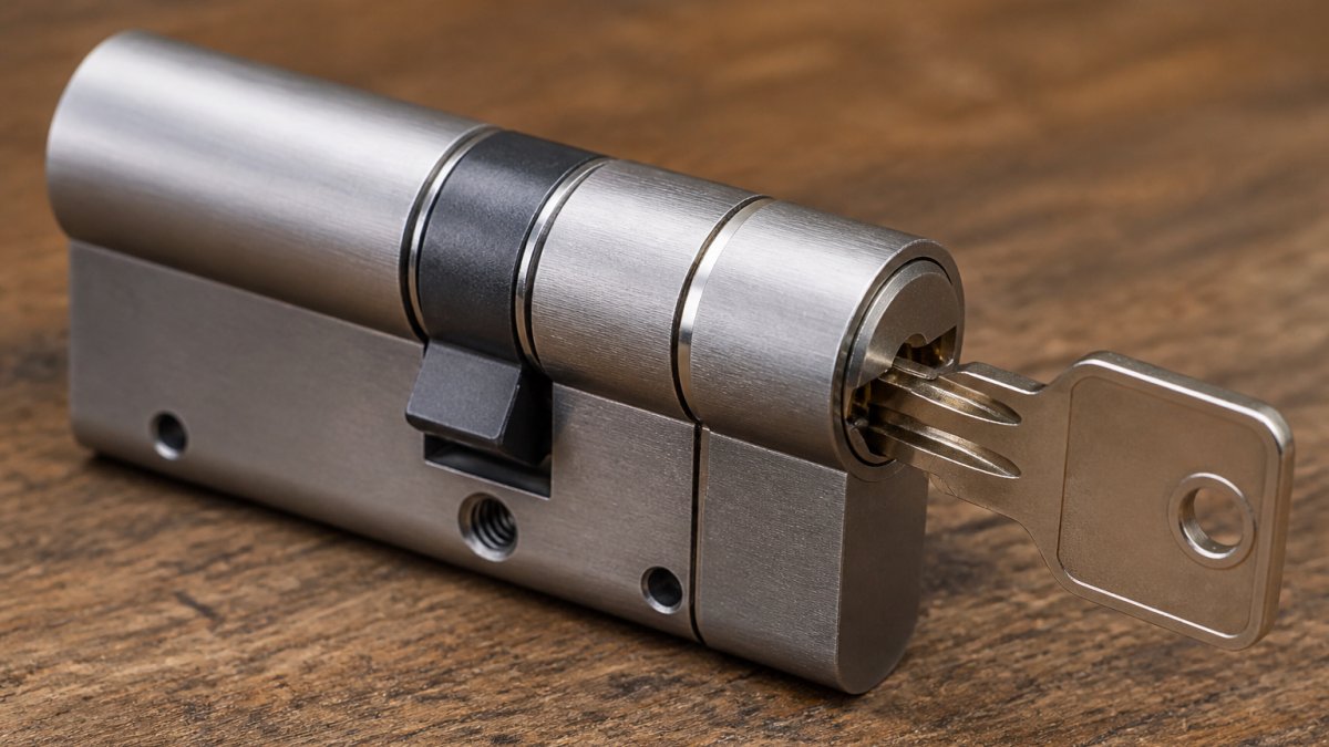 Close-up of an anti-snap euro cylinder showing the reinforced body with visible sacrificial section near the edge, with a key partially inserted to demonstrate the mechanism