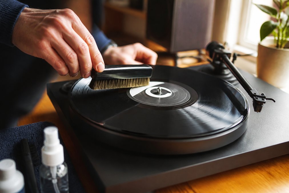 Hands using a carbon fiber brush to clean dust from a vinyl record on a turntable platter