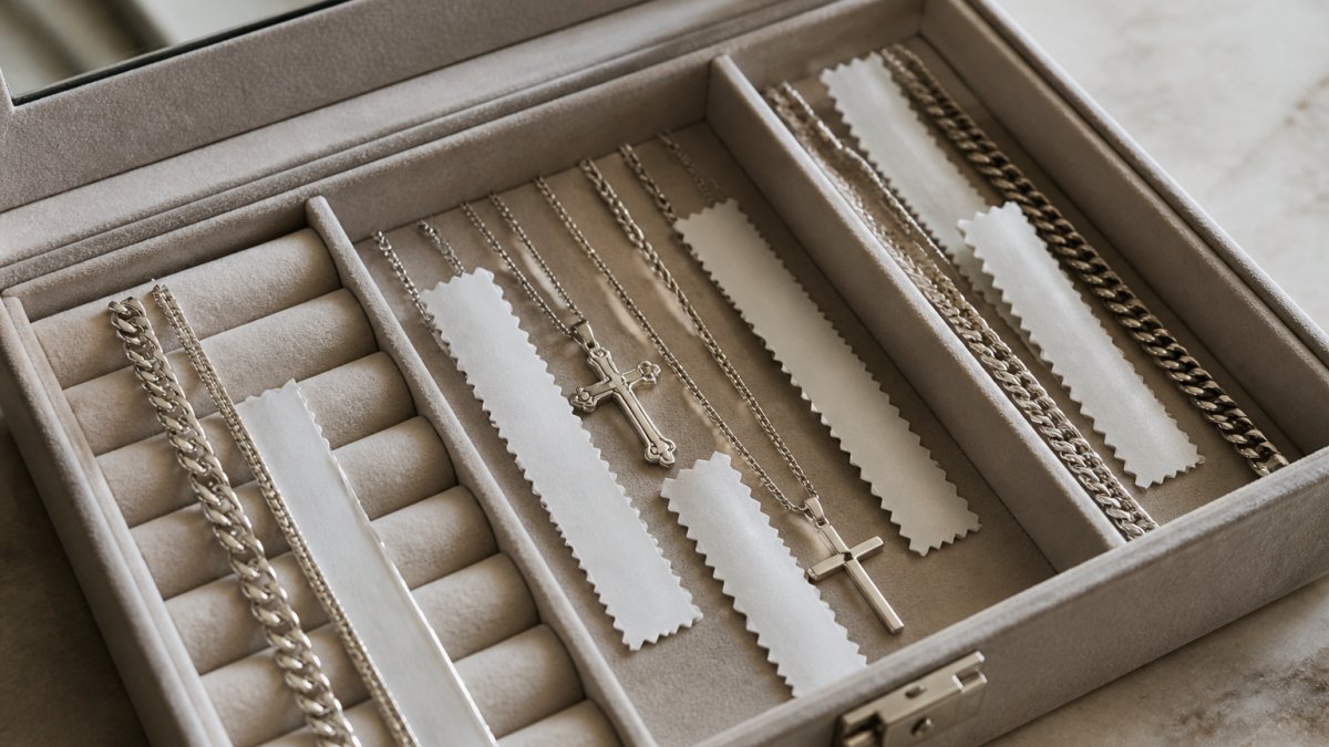 Close-up of an open jewelry box with anti-tarnish strips placed strategically among stored sterling silver chains, cross necklaces, and bracelets, showing proper spacing and arrangement
