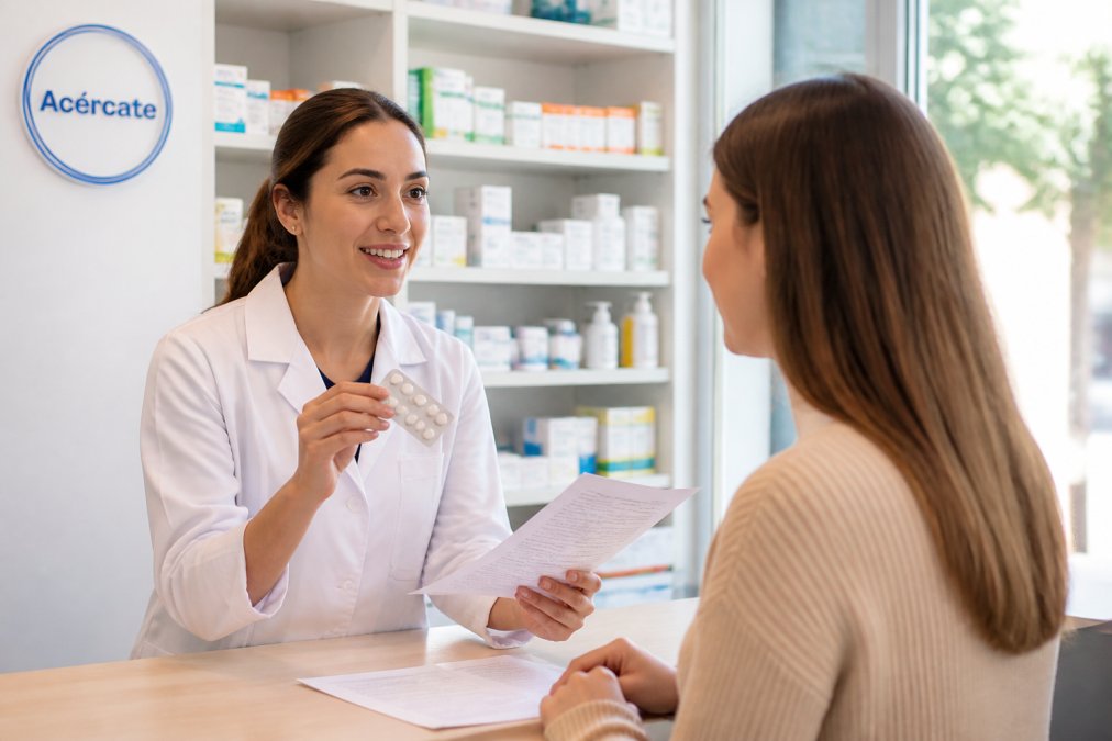 Farmacéutico profesional en una farmacia moderna con bata blanca mostrando información sobre medicamentos anticonceptivos a una persona joven interesada, con estantes de medicamentos de fondo e iluminación natural
