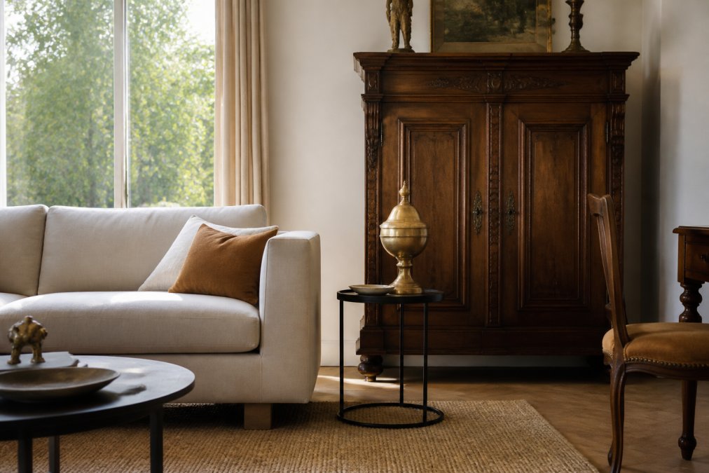 Een sfeervolle woonkamer met een strakke moderne bank in neutrale tinten, gecombineerd met een antieke houten kast en een vintage messing urn op een bijzettafel. Warm daglicht valt naar binnen via een groot raam, zichtbaar contrast tussen oud en nieuw.