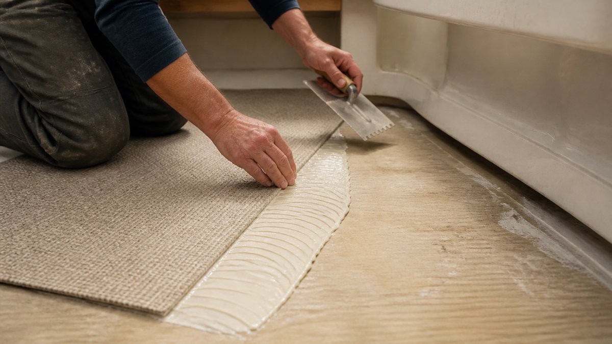Professional technician's hands carefully applying marine-grade adhesive to woven vinyl flooring on a boat interior subfloor, showing precise alignment and seam preparation under workshop lighting