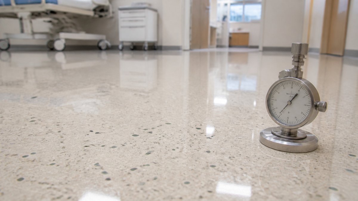 Close-up of polished seamless terrazzo flooring in a clinical setting, reflecting overhead lighting, with no visible seams or grout lines, emphasizing the nonporous surface