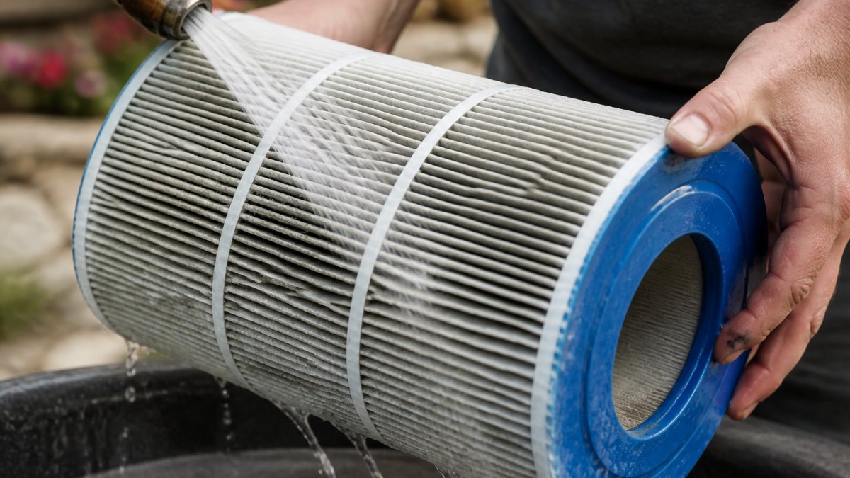 Close-up of a hot tub filter cartridge being rinsed under water, showing pleated filter media texture with water flowing through the ridges
