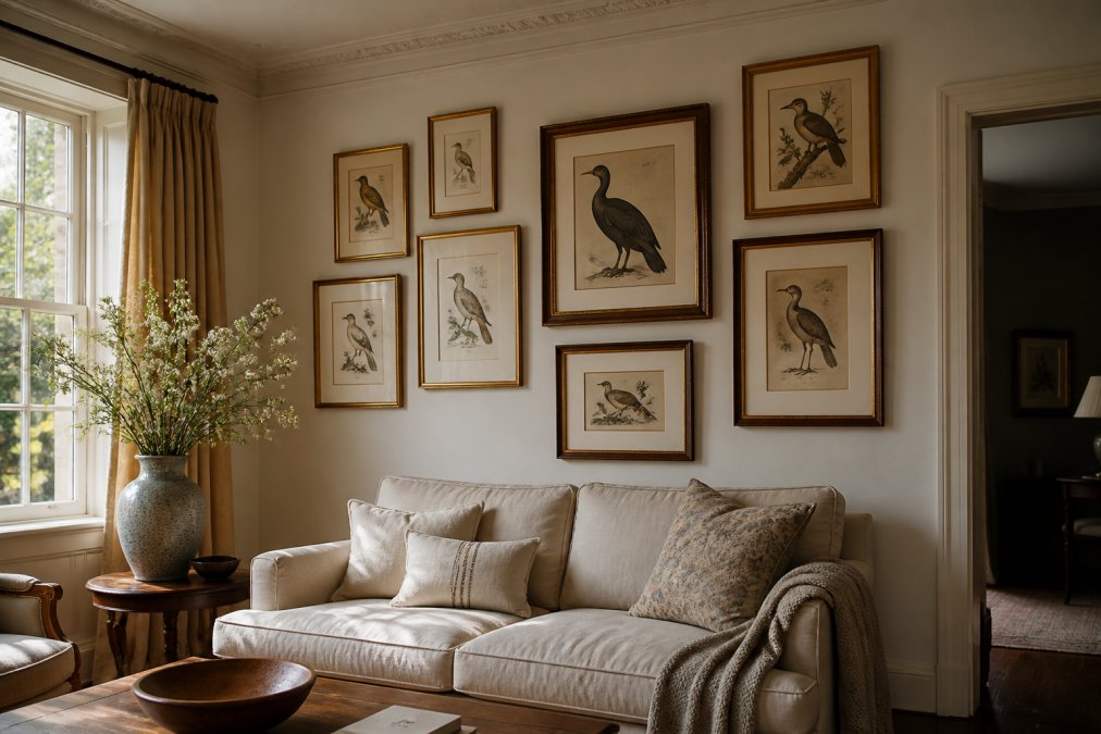 A heritage home living room with a gallery wall of framed antique bird prints in mixed gold and timber frames above a linen sofa, ceramic vase on a side table, soft afternoon light
