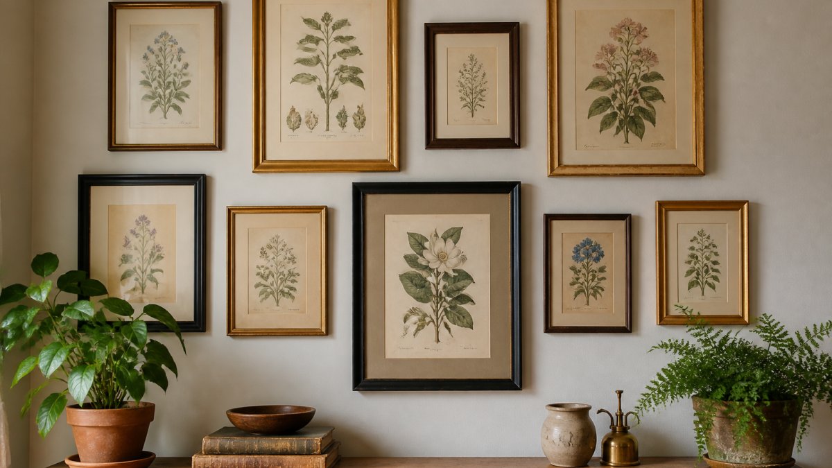 Diagram illustrating the step-by-step arrangement of varied framed prints into a cohesive gallery wall display