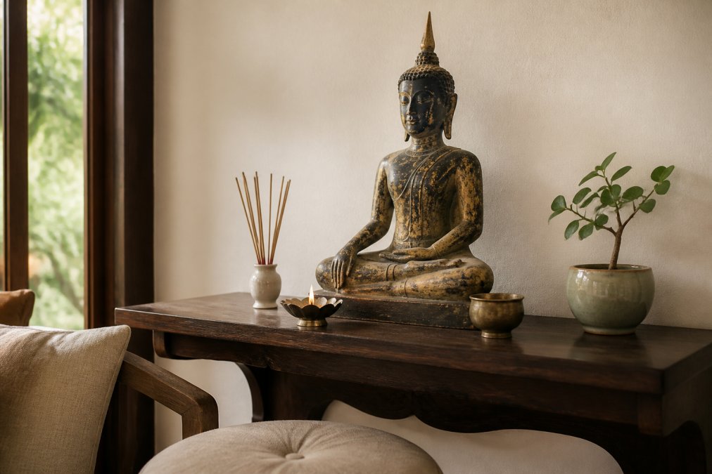 Antique Buddhist sculptures displayed on a wooden altar in a serene home meditation corner with soft lighting.