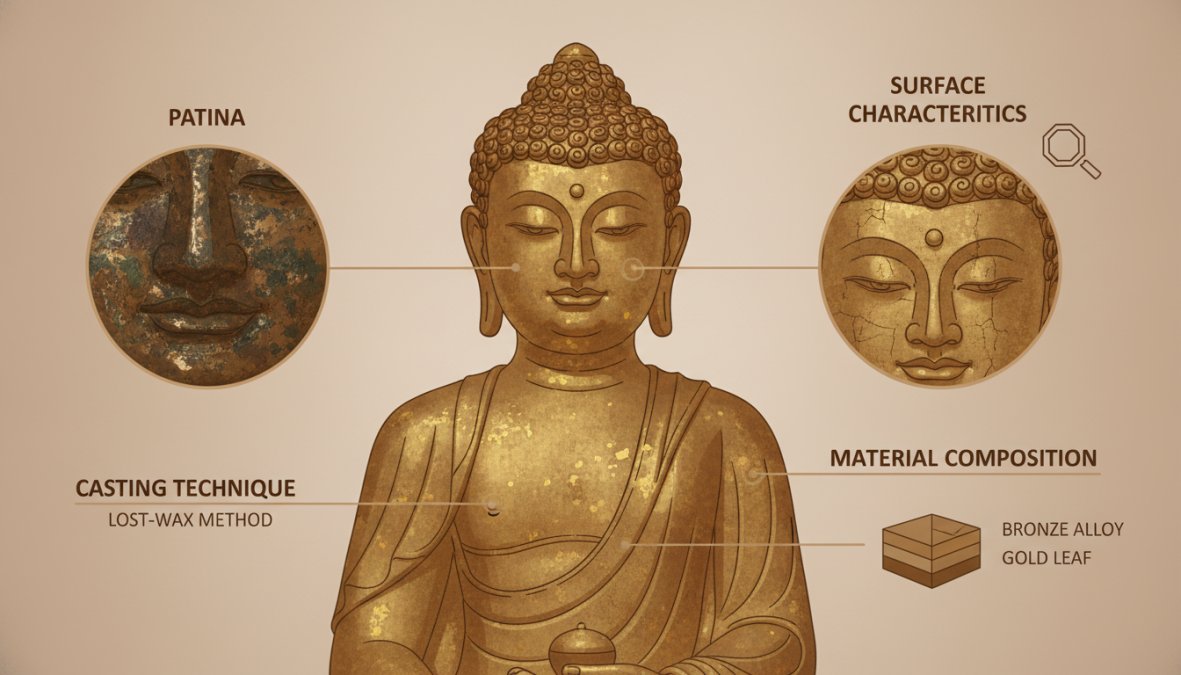 Close-up of antique gilded bronze Buddhist statue showing intricate patina, fine casting details, and surface wear patterns under museum lighting