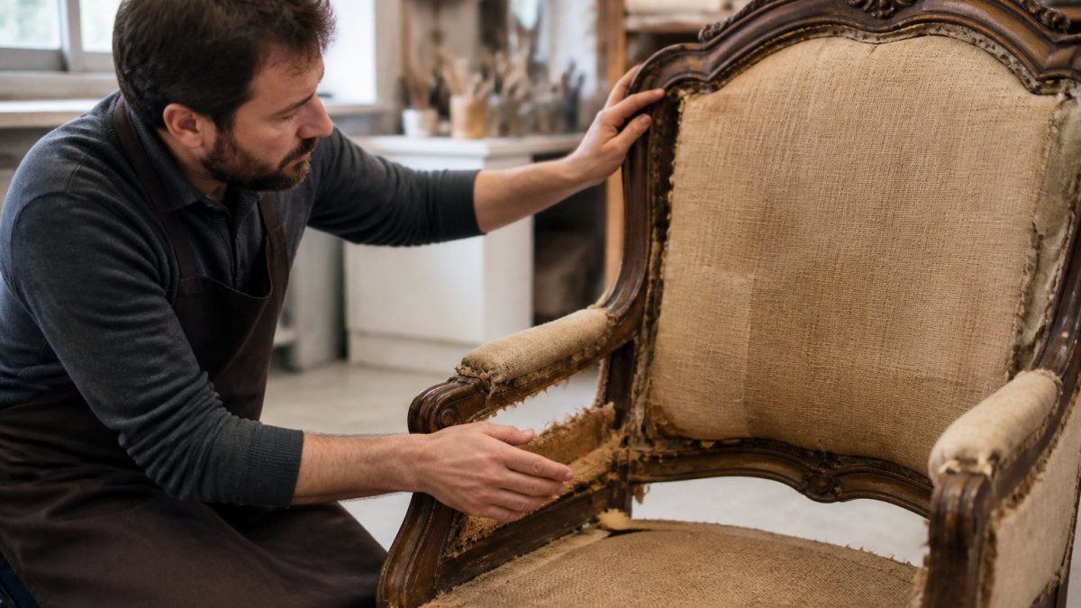 An upholsterer's hands carefully examining the carved wood frame and worn fabric of an antique armchair in a bright workshop