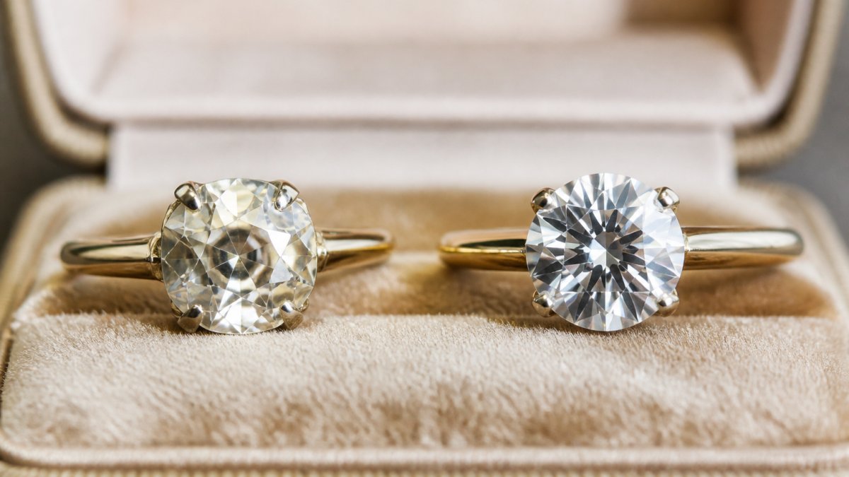 Close-up of an antique old mine cut diamond ring next to a modern brilliant cut diamond ring, photographed in natural daylight to show the difference in light reflection and fire between the two cuts