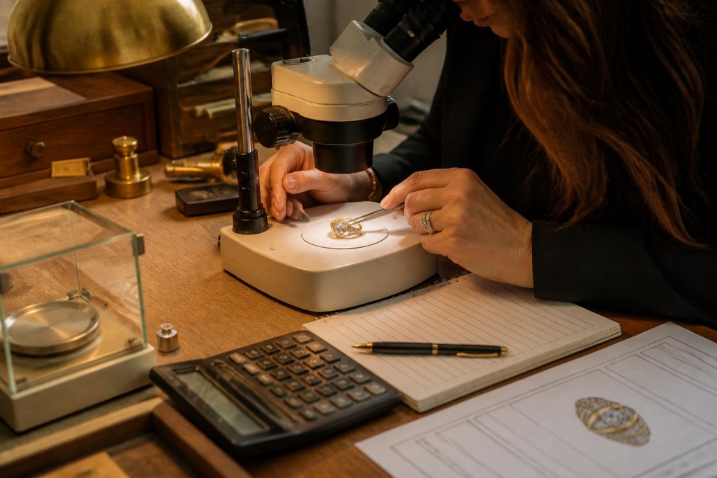 Professional appraiser at workbench with gemological microscope, precision scales, and jewelry documentation forms under warm task lighting, examining an antique diamond ring