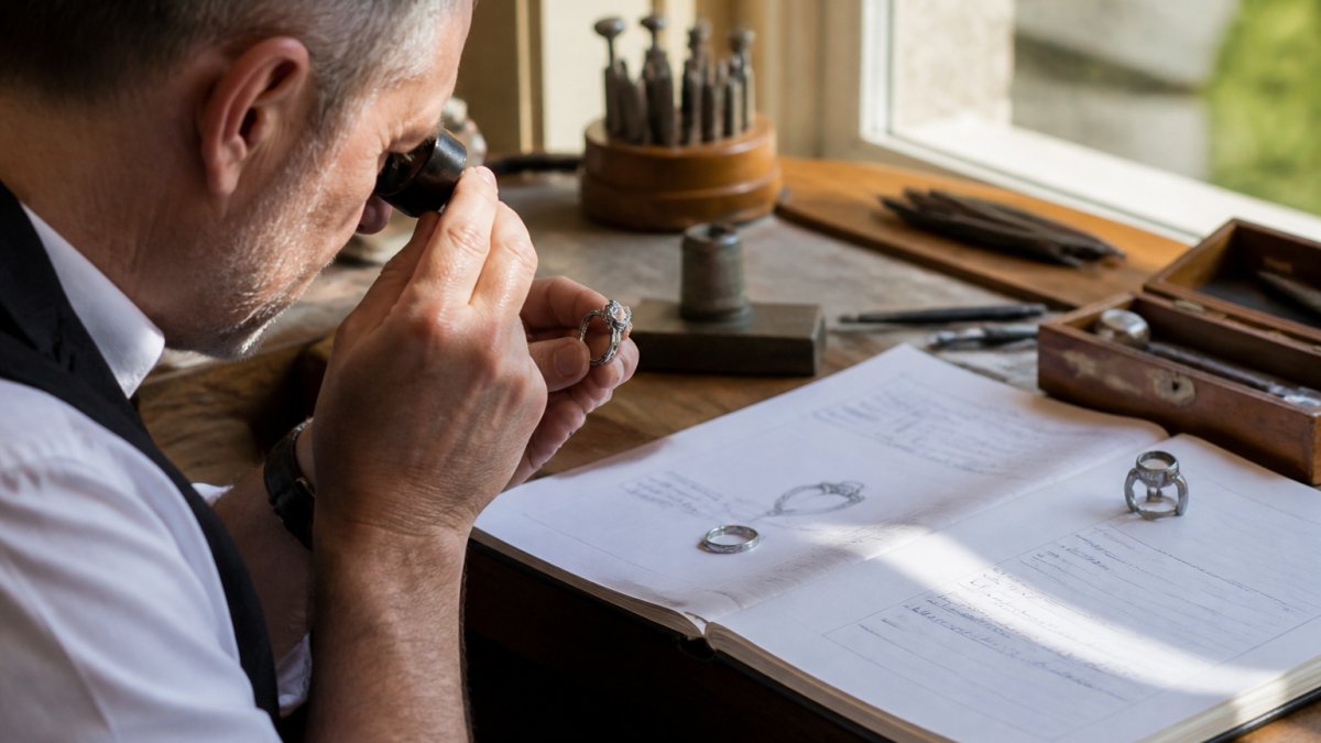 Professional jeweller examining antique old mine cut diamond ring through jeweller's loupe at workbench with natural daylight, certification documents and appraisal notes visible