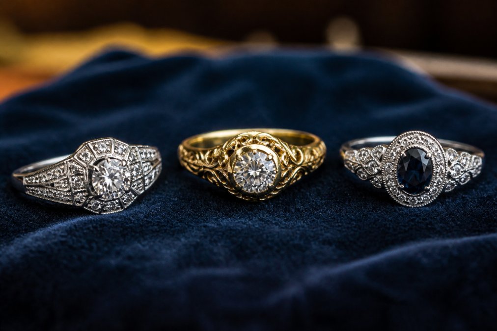Three antique engagement rings on velvet: Art Deco platinum, Victorian gold filigree, and an Edwardian sapphire ring.