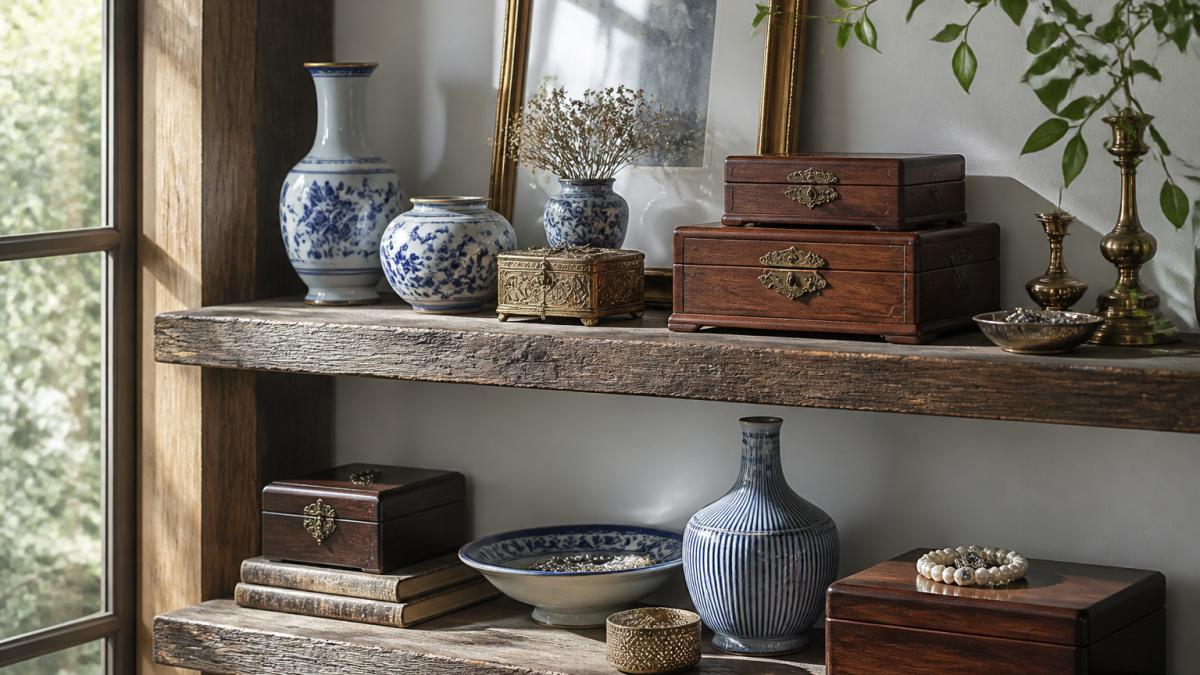 Styled home interior shelf displaying vintage wooden jewelry boxes, ceramic vases with blue painted finishes, and decorative accessories arranged with intentional spacing and visual balance, natural window light creating shadows