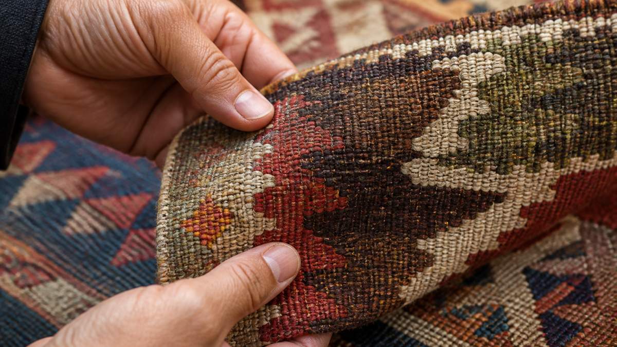 Close-up of hands examining a hand-woven kilim rug showing the flatweave construction, warp-weft structure, and natural fiber texture with visible color variations from natural dyes