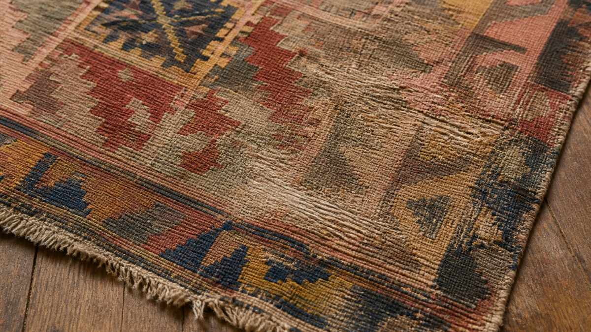 Close-up of an antique kilim rug showing visible damage including frayed edges, worn areas on geometric patterns, and color variations from fading on the weft and warp threads in natural light