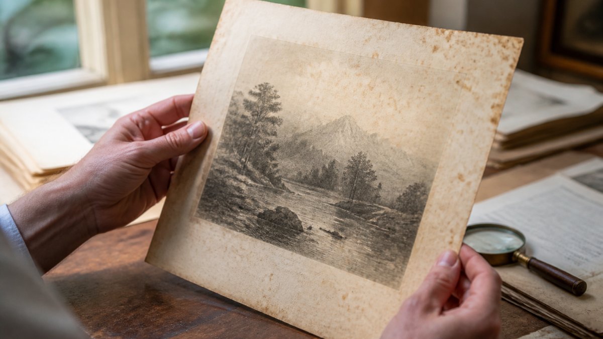 Hands holding an antique print under natural light, revealing foxing spots, age markings, and paper texture details on the surface