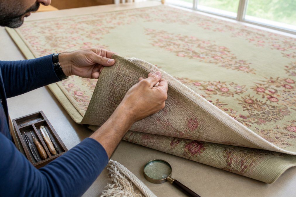 Close-up of hands carefully examining the back of an antique rug, inspecting the intricate knot structure and warp and weft foundation threads under bright natural light from a window