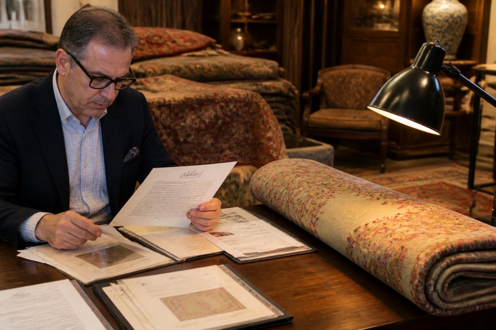 A collector seated at a wooden desk in a dealer's showroom, carefully reviewing provenance documentation, authentication certificates, and condition reports under warm desk lighting, with antique rugs visible on display in the background