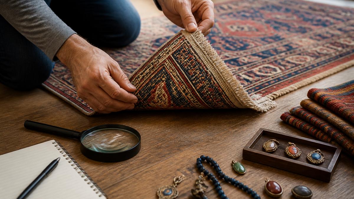 Hands inspecting the knot structure and fringe of a hand-knotted wool rug with a magnifying glass