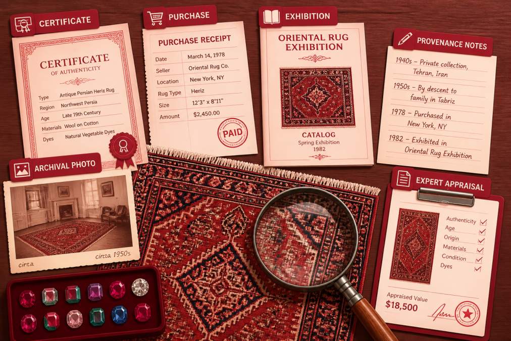 Close-up of antique rug documentation spread across wooden desk showing historical certificates, purchase receipts, exhibition catalogs, handwritten provenance notes, and magnifying glass examining fine details