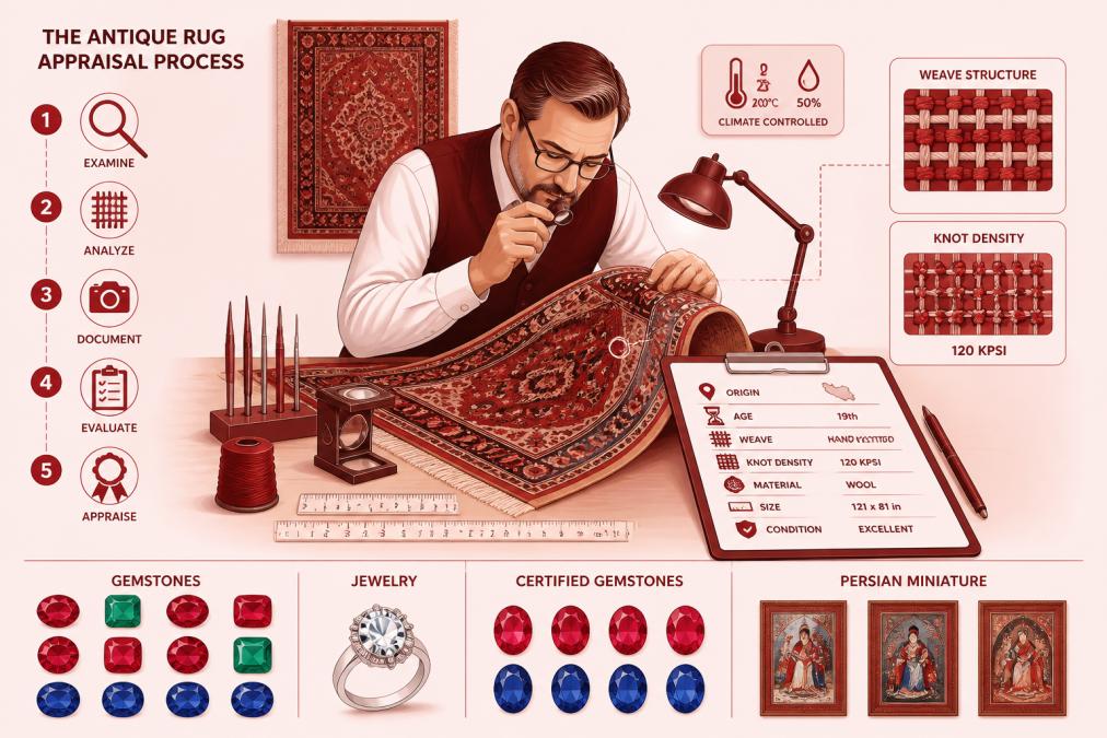 Professional textile appraiser examining hand-woven antique Persian rug closely, checking weave and knot density with specialized tools and documentation clipboard in climate-controlled studio setting