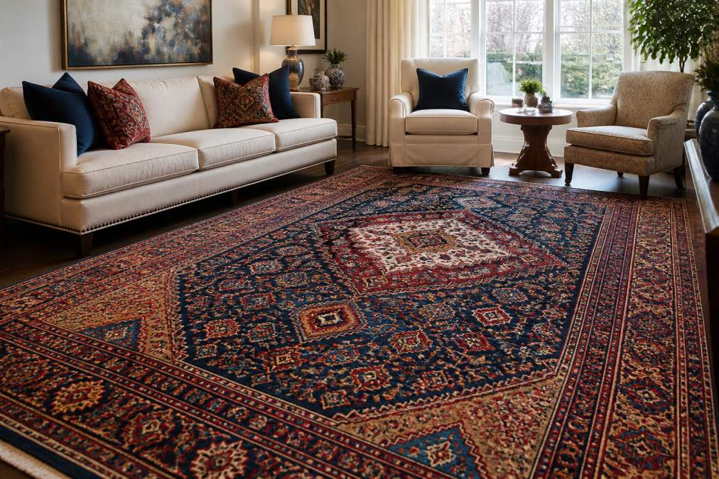 A well-preserved antique Persian rug displayed in a bright living room, showcasing rich jewel-tone colors, intricate geometric patterns, and excellent pile condition
