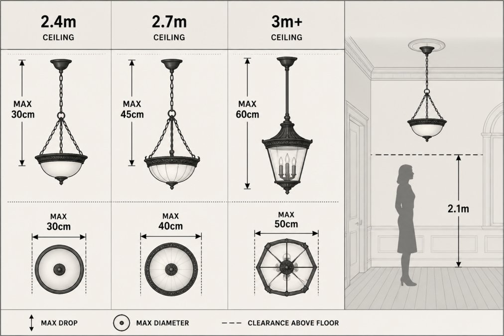 Diagram showing ceiling height bands of 2.4m, 2.7m and 3m+ mapped to maximum fixture drop and diameter, with a 2.1m clearance line above floor level marked