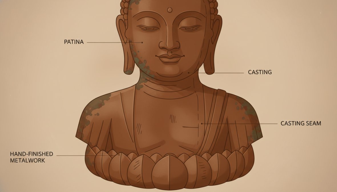 Close-up detail of an antique bronze Buddhist statue showing deep patina, casting seams, hand-finished metalwork, and natural surface variation under museum lighting