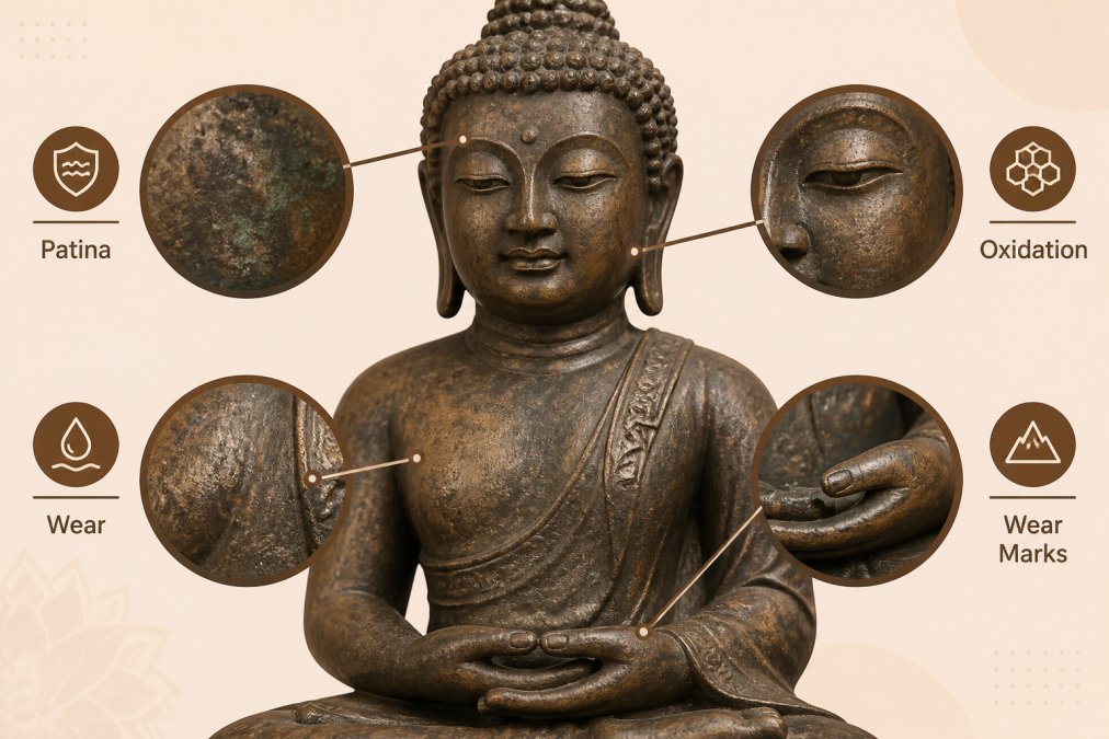 Close-up of weathered bronze Buddha statue showing deep patina, surface oxidation, and natural wear marks on the facial features and hands