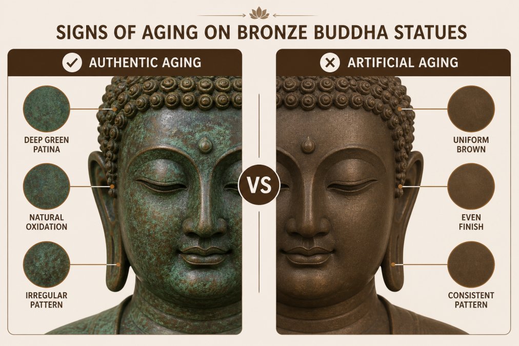 Two bronze Buddha statue surfaces displayed side by side: one with deep green and blue authentic patina showing natural oxidation patterns, the other with uniform brown artificial aging