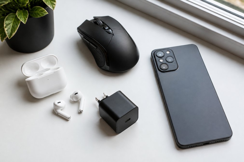 A clean flat-lay photo of various tech accessories on a white desk, including a wireless gaming mouse, white earbuds, a compact GaN charger, and a smartphone, arranged neatly with soft natural window lighting