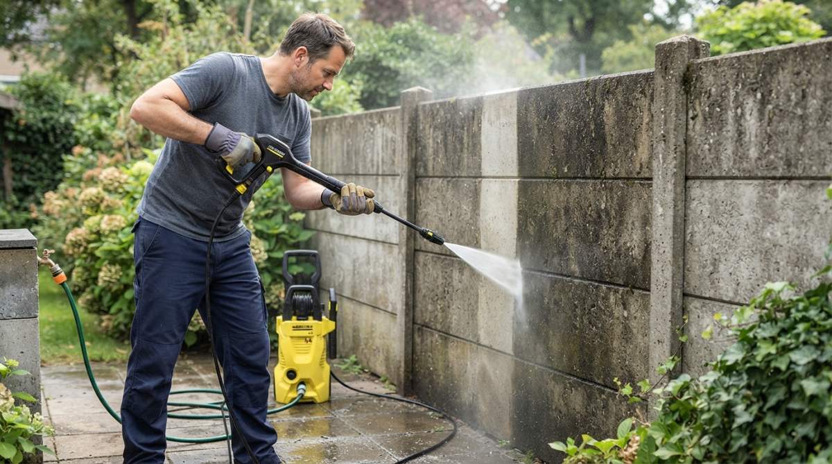 Iemand die een antraciet betonschutting schoonmaakt met zachte borstel en tuinslang, water spuit voorzichtig op het beton terwijl de zon laag staat