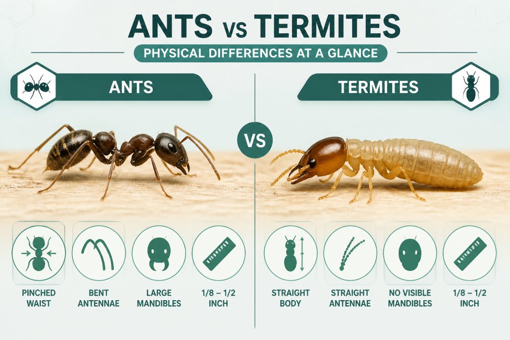 Macro photograph of an ant and termite specimen placed side by side on a light wooden surface, showing the ant's distinctive pinched waist and the termite's straight body profile with visible antennae