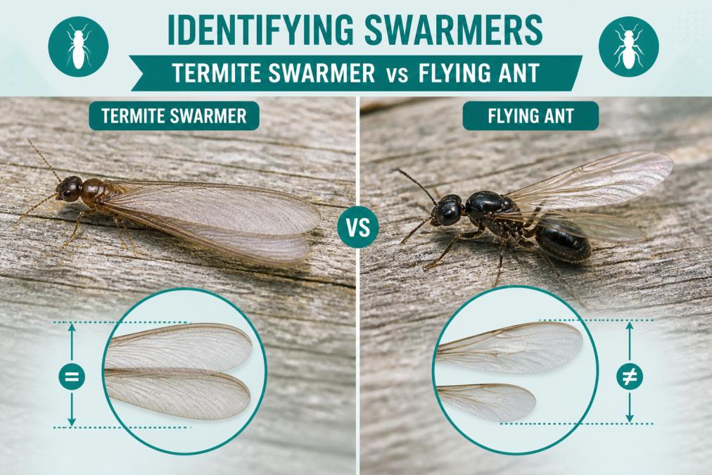Close-up macro photograph of a termite swarmer and a flying ant positioned on weathered wood grain, showing the equal-length wings of the termite swarmer contrasting with the unequal wing lengths of the flying ant under natural light