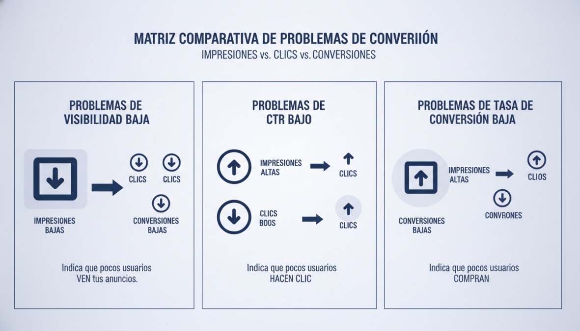 Matriz comparativa de problemas de conversión: Impresiones altas/bajas vs. Clics altos/bajos vs. Conversiones altas/bajas, mostrando qué combinación indica visibilidad baja, CTR bajo, o tasa de conversión baja