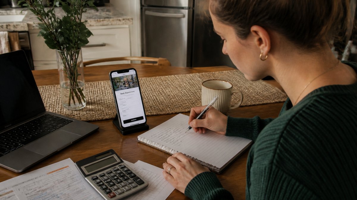 A person at a kitchen table with a notebook, calculator, and laptop, writing out monthly healthcare costs while a phone shows a clinic scheduling page