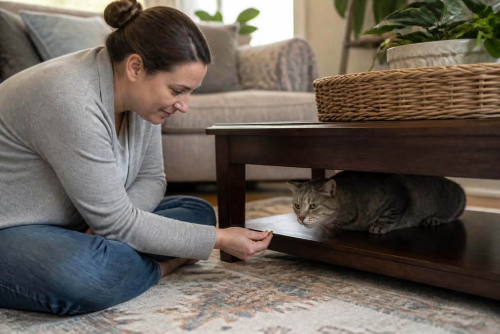 Infographic showing the process of anxious cat care through professional in-home pet sitting techniques.