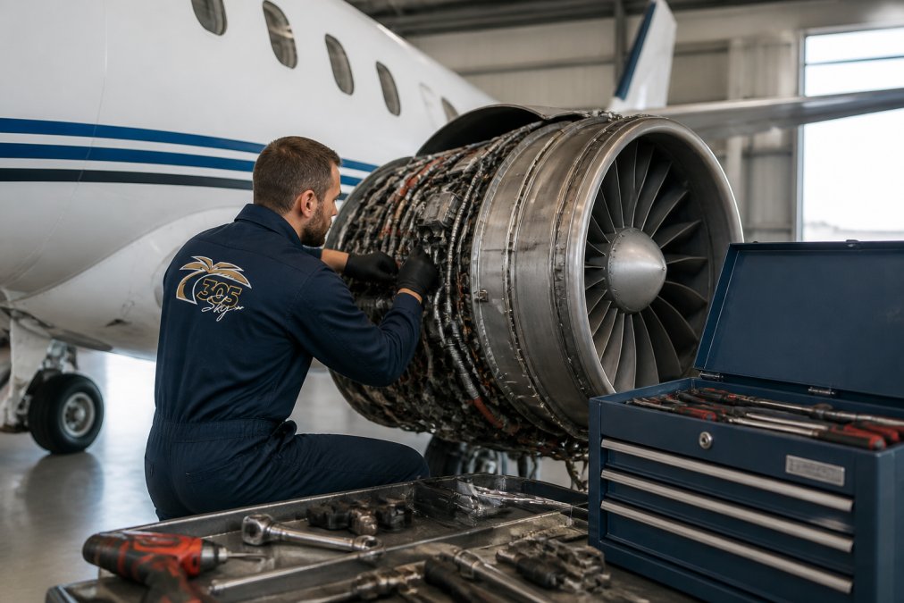 A technician in a navy uniform working on a business jet engine inside a clean, well-lit hangar in South Florida, with toolboxes and diagnostic equipment nearby