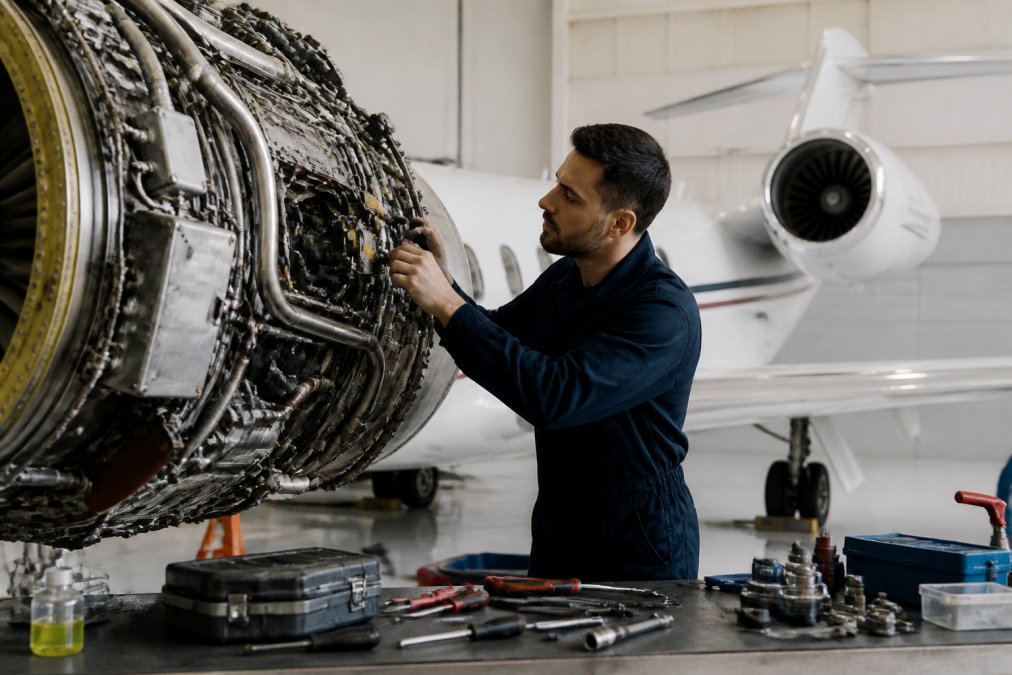 Professional aircraft maintenance technician in uniform working on aircraft engine diagnostics in a well-lit modern hangar with specialized tools visible on workbench