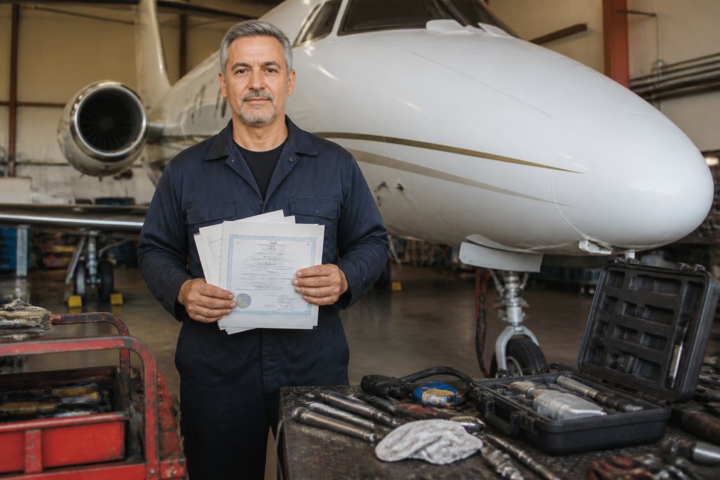 Professional aircraft maintenance technician holding FAA certification documents standing next to aircraft with specialized diagnostic tools and equipment visible in organized hangar setting