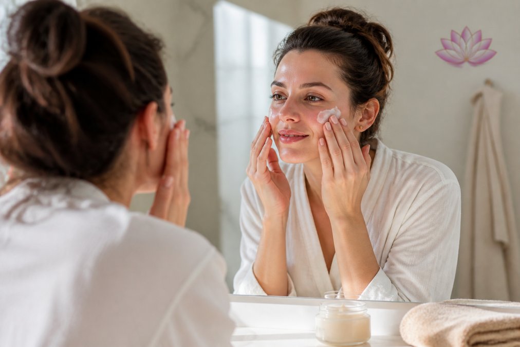 Une femme applique une crème hydratante sur sa peau irritée par le froid dans une salle de bain lumineuse.