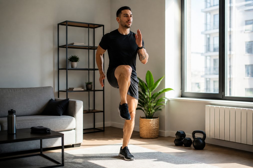 Person performing high knees in a sunlit living room with minimal furniture