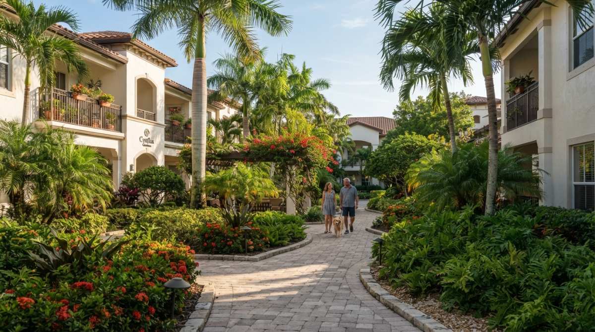 Serene garden-style apartment community with lush landscaping, resort-style pool area, and residents relaxing on lounge chairs surrounded by tropical plants and natural lighting